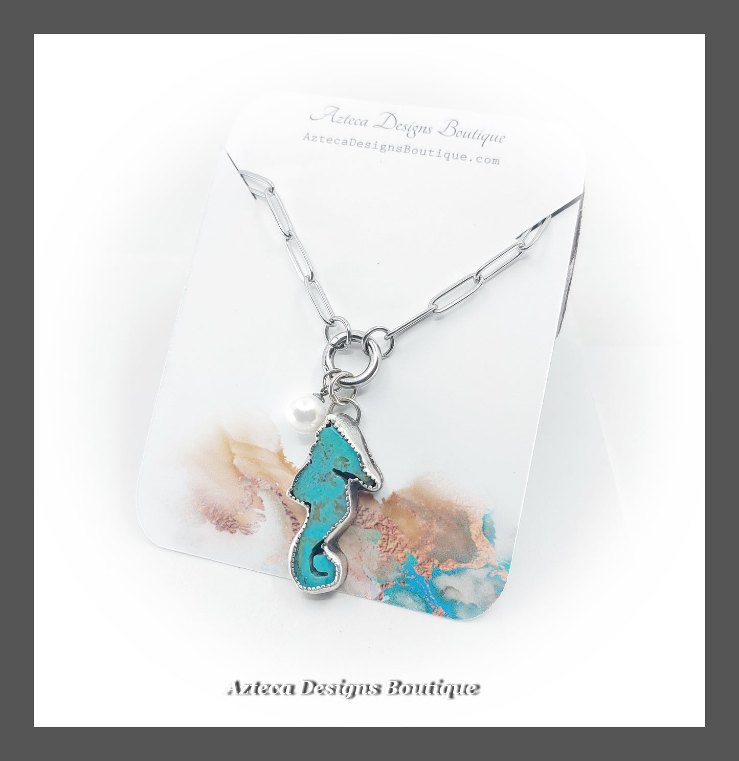 Kingman Turquoise Seahorse + Glass Pearl Charm Keeper Necklace + Sterling Silver Stainless Steel