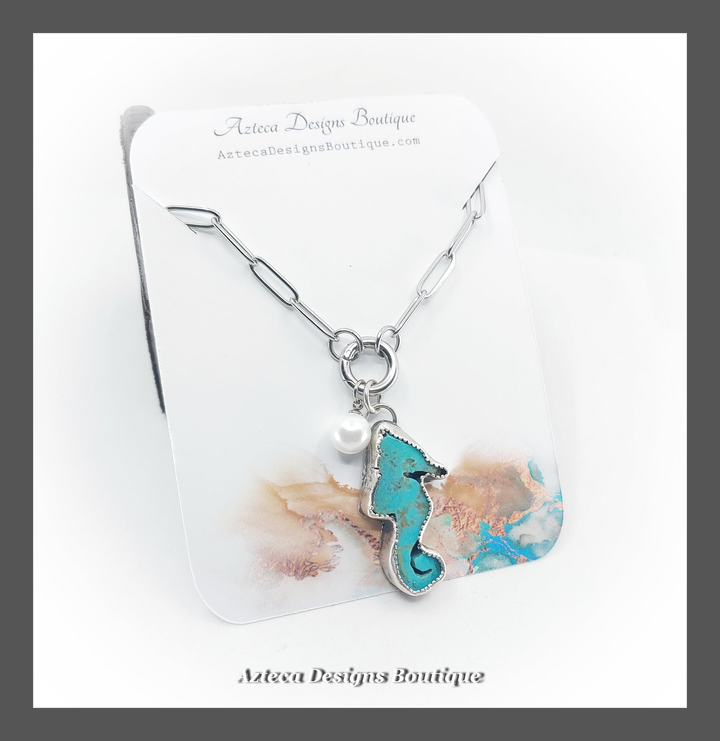 Kingman Turquoise Seahorse + Glass Pearl Charm Keeper Necklace + Sterling Silver Stainless Steel