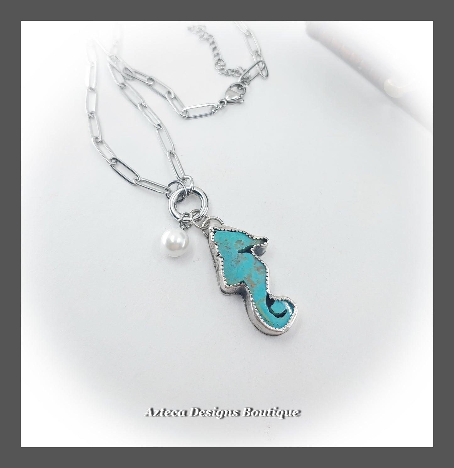 Kingman Turquoise Seahorse + Glass Pearl Charm Keeper Necklace + Sterling Silver Stainless Steel