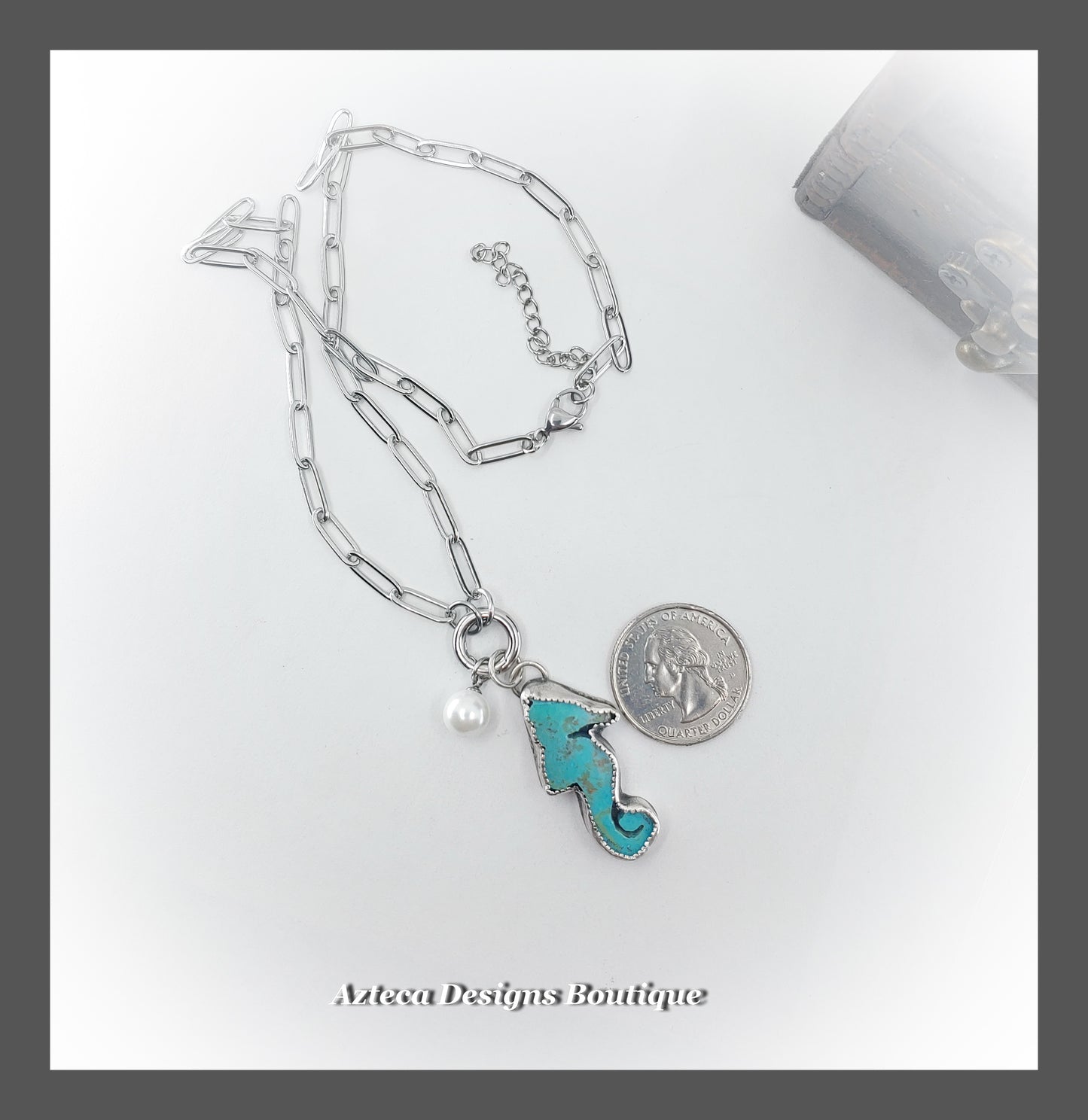 Kingman Turquoise Seahorse + Glass Pearl Charm Keeper Necklace + Sterling Silver Stainless Steel