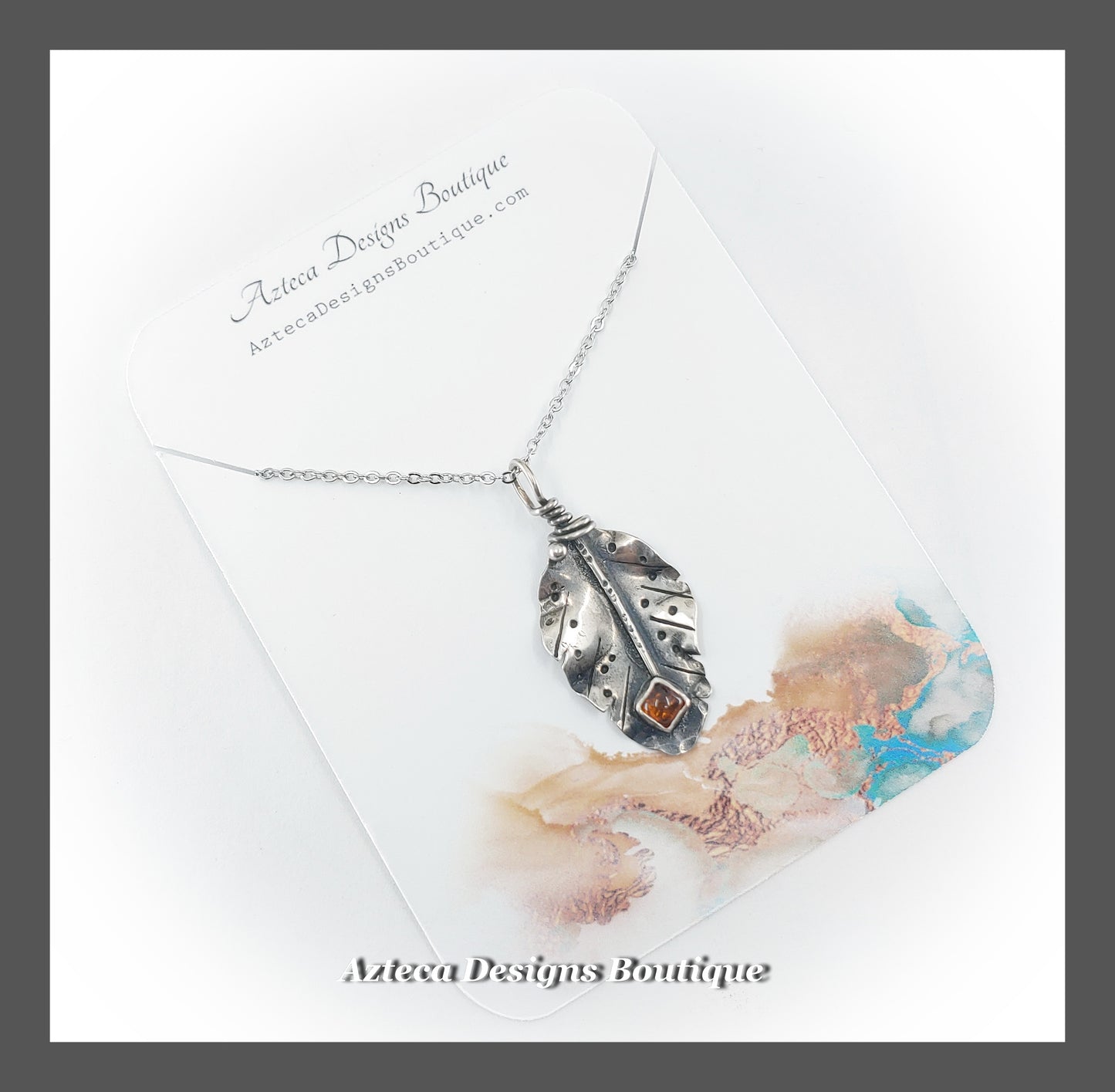 Hand Fabricated Sterling Silver Feather Necklace + Fossilized Tree Resin