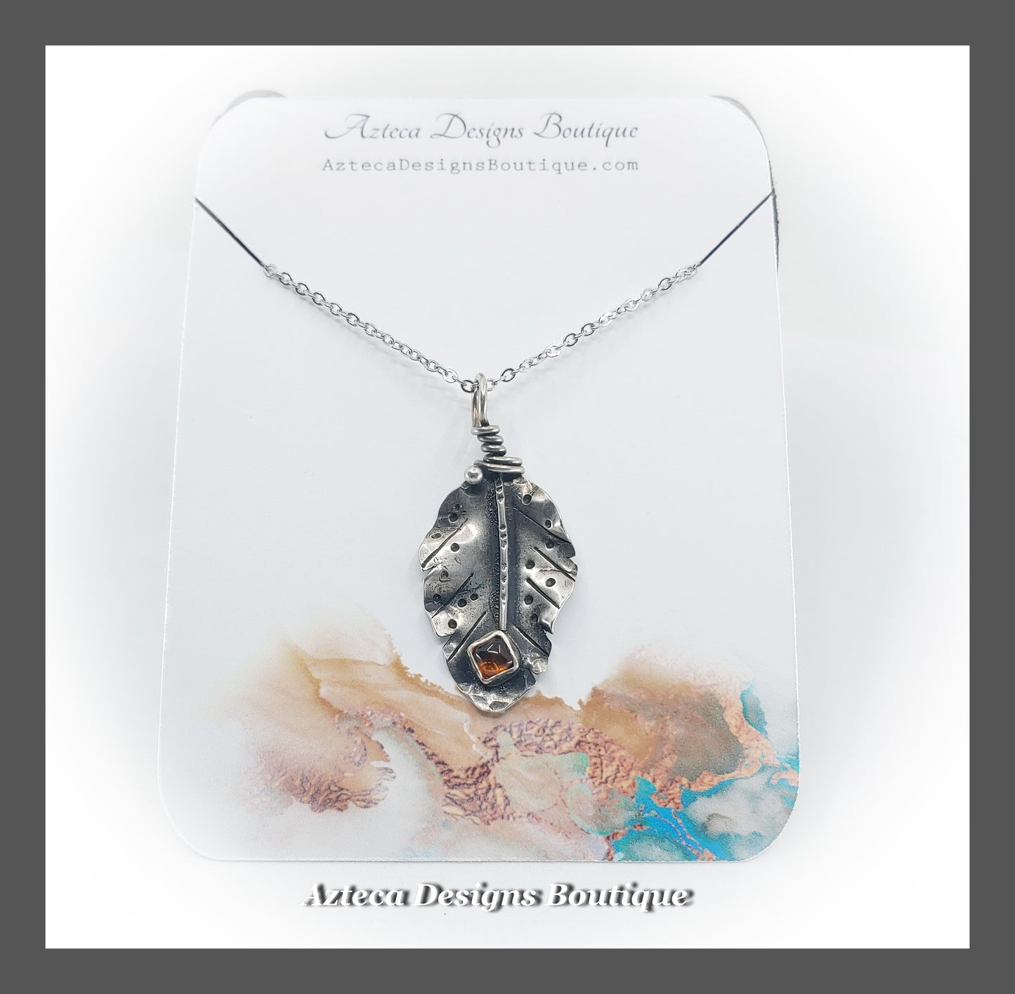 Hand Fabricated Sterling Silver Feather Necklace + Fossilized Tree Resin