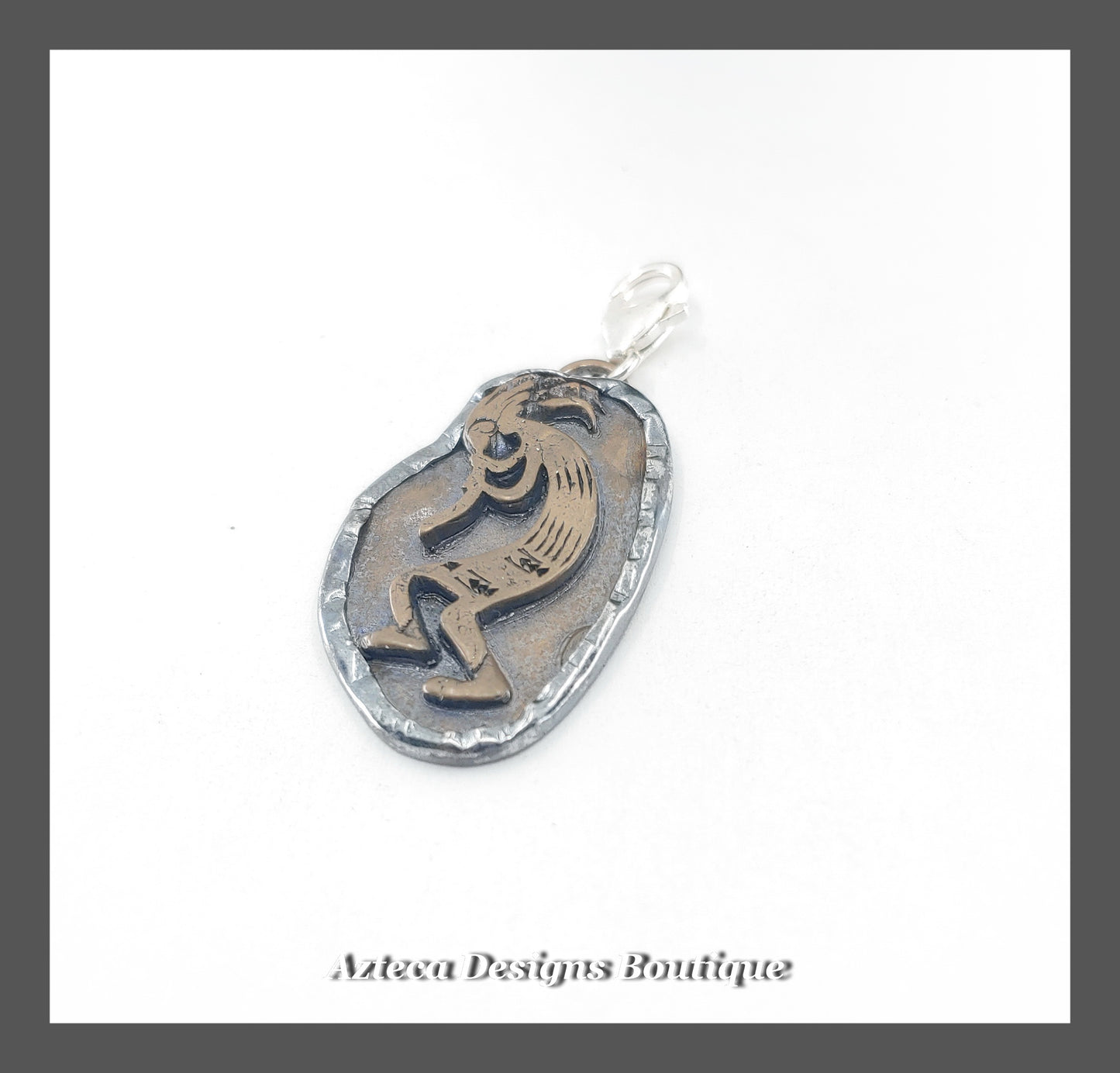 Dancing Kokopelli + Bronze In Silver + Dark Finish + Hand Fabricated Charm Pendant