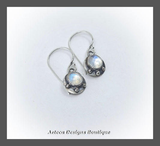 Hand Fabricated Rainbow Moonstone Argentium Silver Hook Earrings