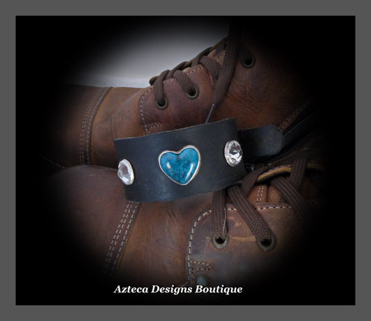 For Love+Kingman Turquoise Heart+Swarovski Crystals+Black Leather Buckle Cuff